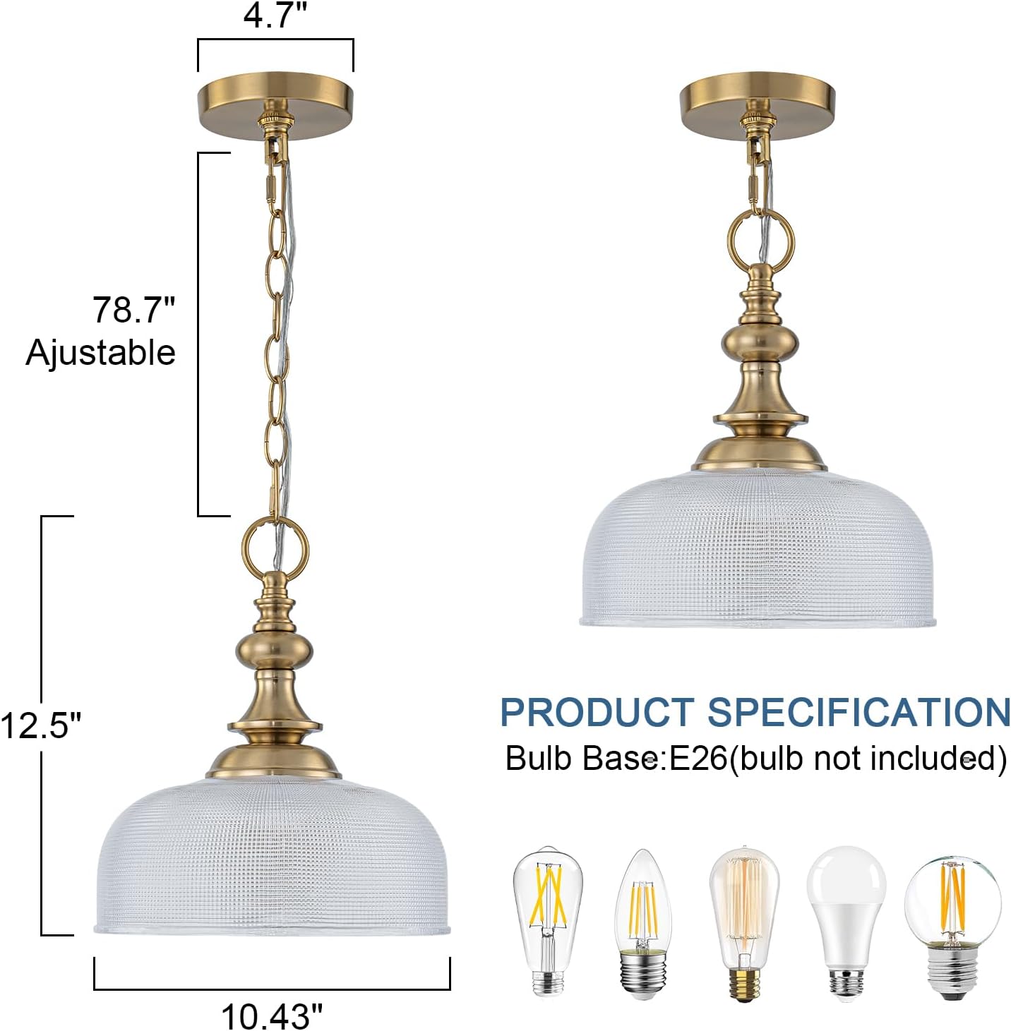 EDSILIVE Vintage Glass Pendant Lights Kitchen Island 10" Bowl Clear Glid Glass Hanging Ceiling Light Fixture with Brass Gold Finish for Dining Room Kitchen Table