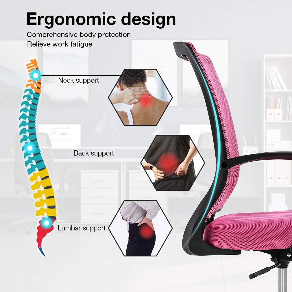 Ergonomic Office Chair Desk Computer Mesh Executive Task Rolling Gaming Swivel Modern Adjustable with Mid Back Lumbar Support Armrest for Home Women Men,Pink
