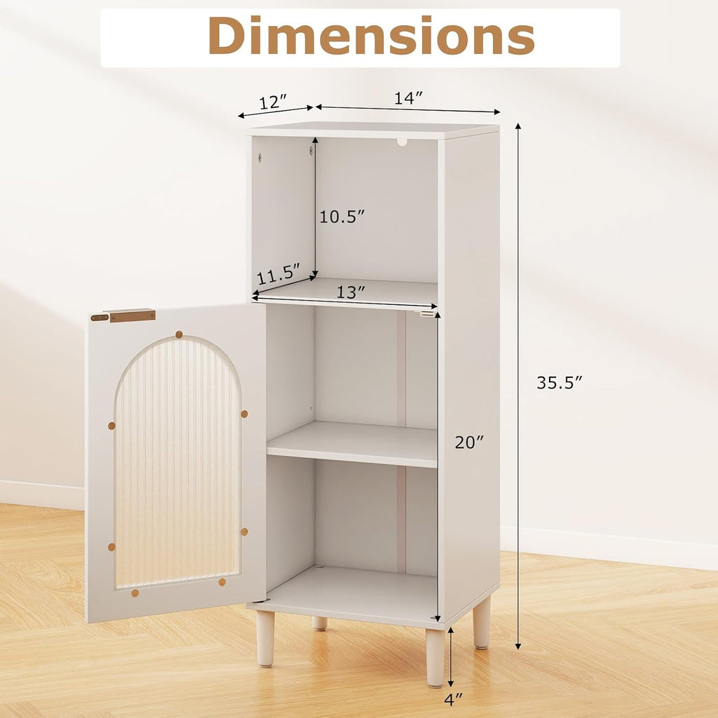 Tangkula Bathroom Floor Cabinet, Wood Side Storage Organizer with Adjustable Shelf, Tempered Glass Door, Anti-Tipping Kit & Solid Wood Legs, Narrow Cabinet for Living Room (White, 14” x 12” x 35.5”)