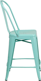 Flash Furniture Carly Commercial Grade 24" High Mint Green Metal Indoor-Outdoor Counter Height Stool with Back