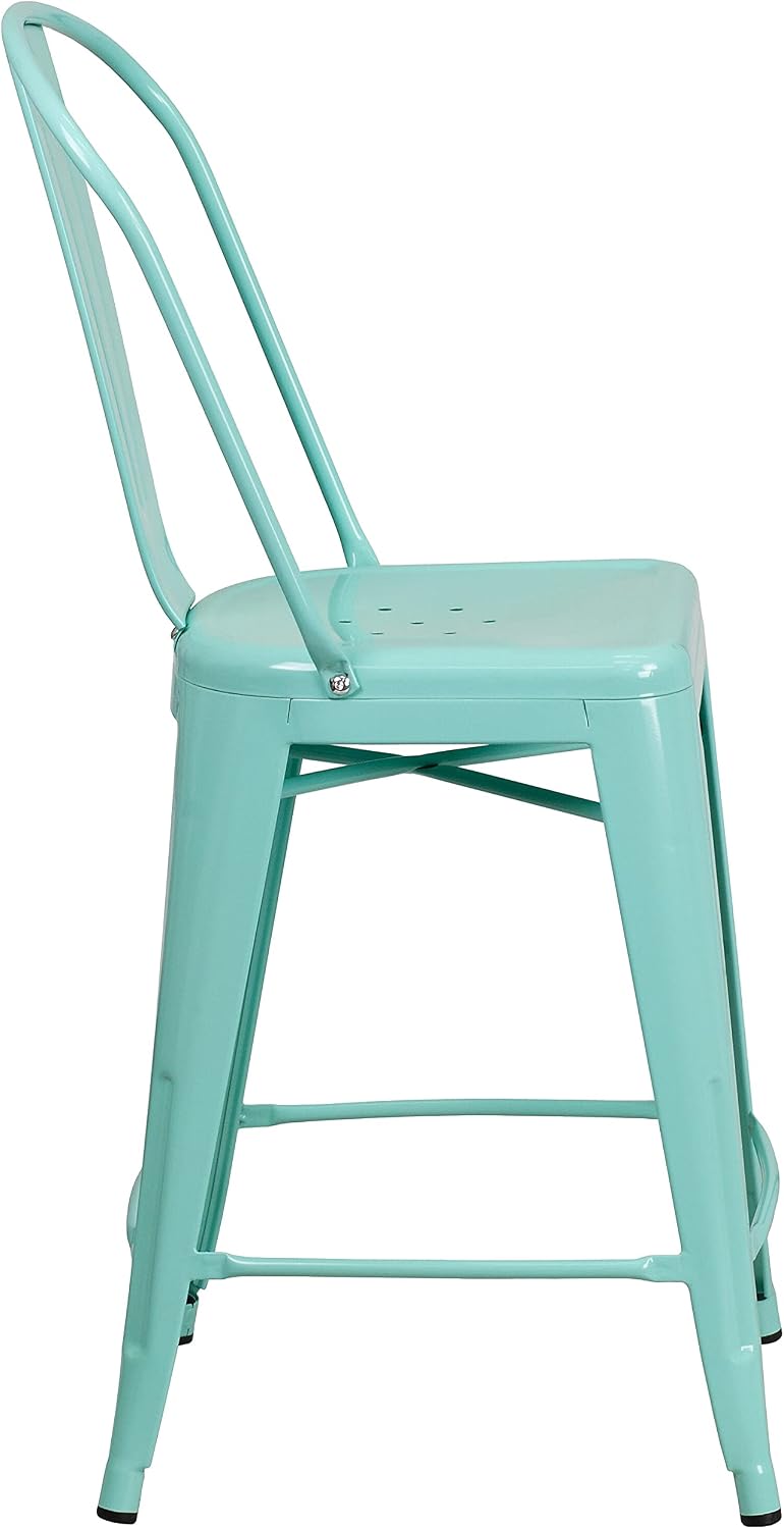 Flash Furniture Carly Commercial Grade 24" High Mint Green Metal Indoor-Outdoor Counter Height Stool with Back
