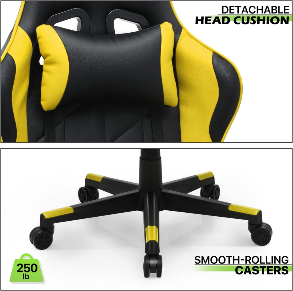 Magshion Gaming Chair, 90°-130° Reclining High-Back Gaming Chair with Lumbar Support, Ergonomic Adult Adjustable-Height Recliner for Home Office, 250 LBS Capacity, Yellow