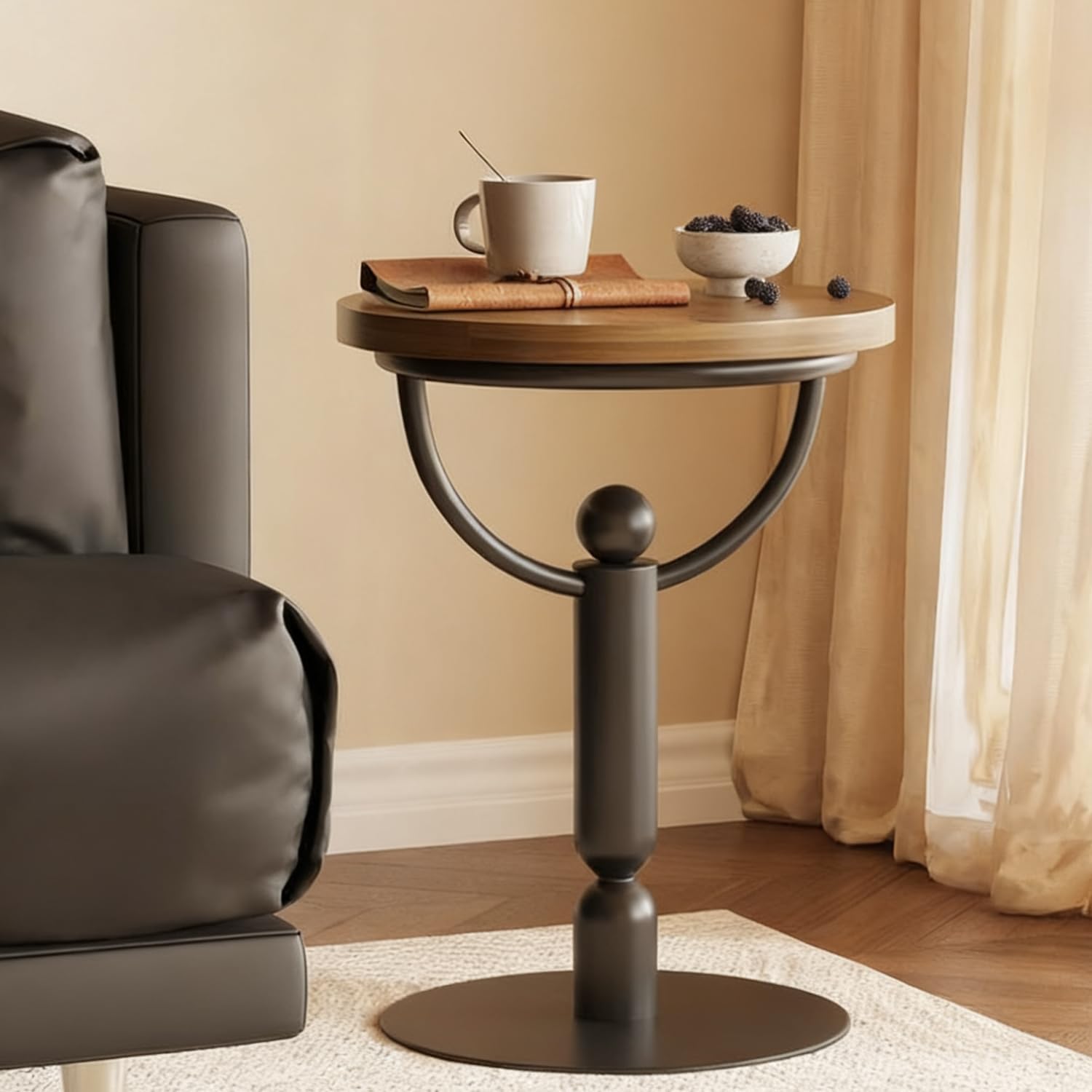 YUNMUARY-Modern Side Tables Living Room, Black Round End Table, Mid Century End Tables for Small Space, Metal Bedside Tables, Wooden Couch Side Table, Nightstand for Bedroom, No Assembly Required