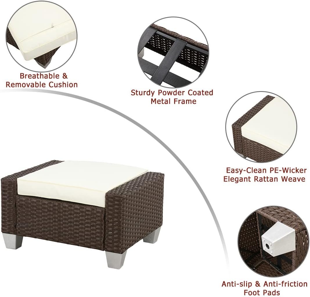 Festival Depot Patio Rattan Wicker Ottoman Outdoor Square Footrest with Removable Cushion Metal Frame Footstool All Weather Waterproof Furniture for Garden Yard Lawn (Beige), B-PF19009