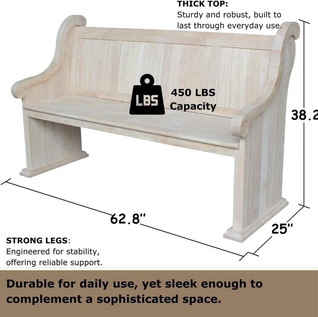 IC International Concepts, Sanctuary Bench, Solid Real Wood, Sturdy Parawood, Entryway/Dining/Living, Spacious Dimensions 58" W x 17.7" D x 18" H, 450 LBS Capacity, Paint/Stain Ready, Unfinished