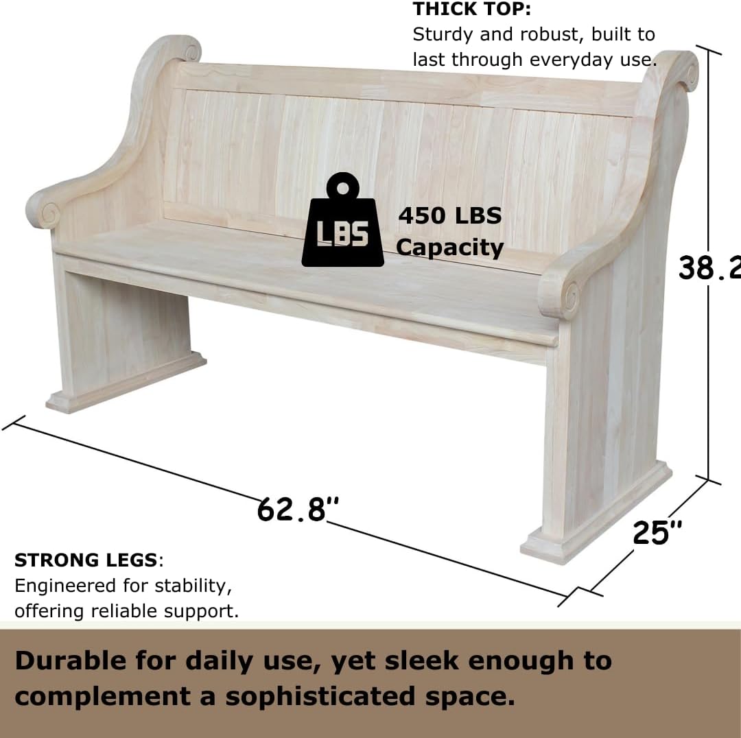 IC International Concepts, Sanctuary Bench, Solid Real Wood, Sturdy Parawood, Entryway/Dining/Living, Spacious Dimensions 58" W x 17.7" D x 18" H, 450 LBS Capacity, Paint/Stain Ready, Unfinished
