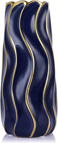 11.5" Blue Ceramic Vase - Minimalist Blue and Gold Flower Vase, Blue Decor Large Pampas Grass Vase, Boho Decorative Centerpiece Vase for Home Decor, Table, Shelf, Mantel, and Entryway