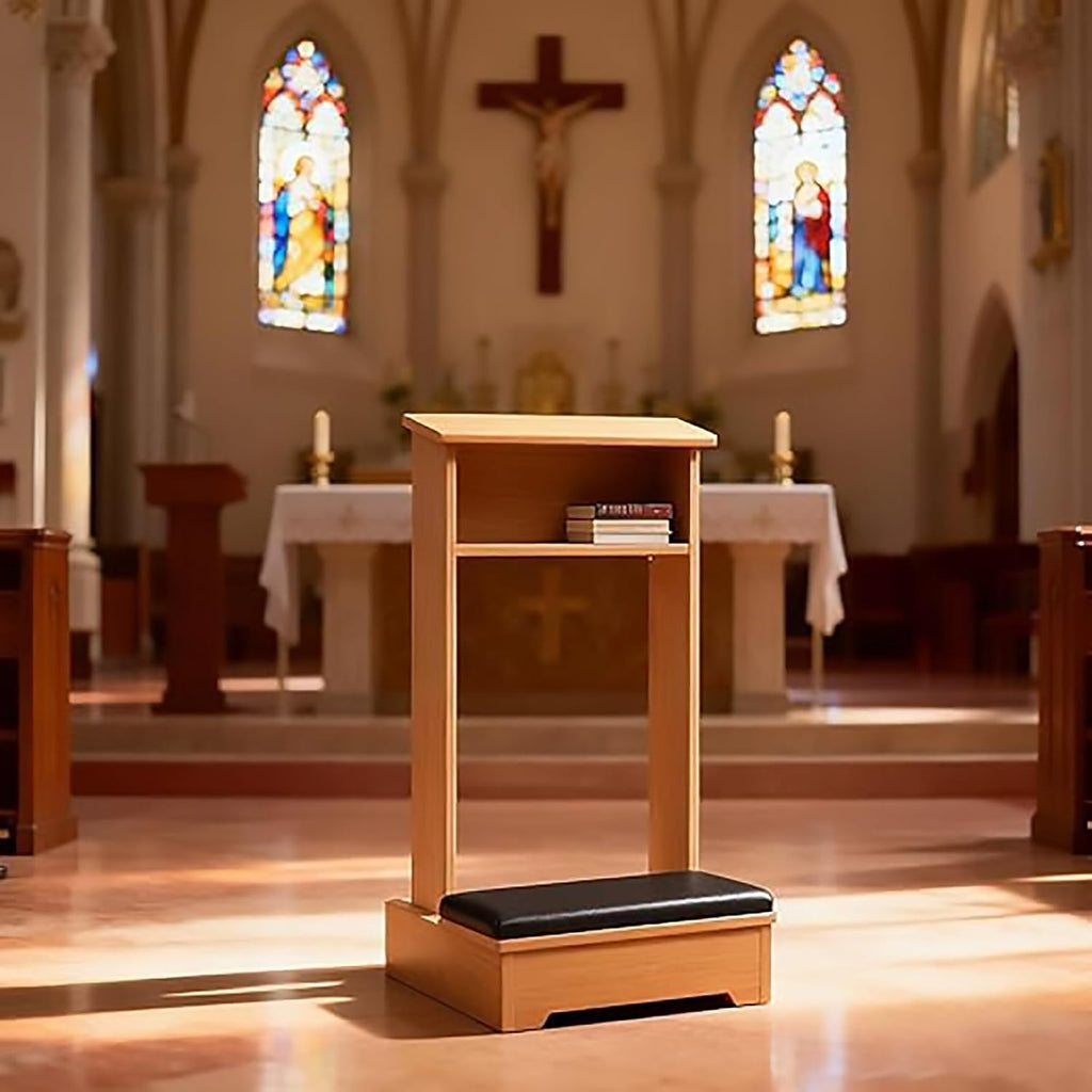 Church Prayer Bench Kneeler Wooden Prayer Kneeler with Book Shelf Prayer Table at Home with Cushion Pad Meditation Stool 20x16.5x33In Kneeling Stool for Church Family(Natural)