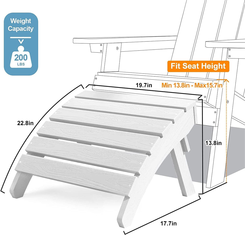 MXIMU Folding Adirondack Ottoman Set of 2: HIPS Plastic Outdoor Footrest Easy Assembly - All Weather Foot Rest Foot Stool for Adirondack Chair Use in Patio Garden Backyard Pool (White)