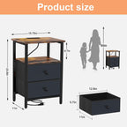 Nightstand with Charging Station, Bedside End Table with 2 Fabric Drawers for Bedroom, Side Table with USB Ports and Outlets (Brown Black)