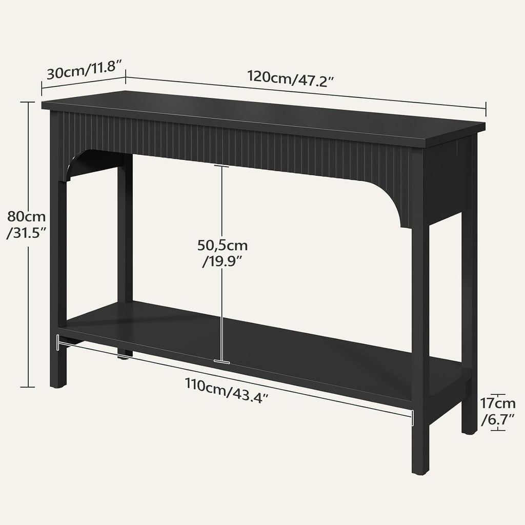 MAHANCRIS Fluted Console Table for Entryway, 43.2" Narrow Console Table with Storage, 2 Tier Industrial Sofa Table for Entryway, for Living Room, Behind Couch, Narrow Hallway, Entry, Black CTBK38001