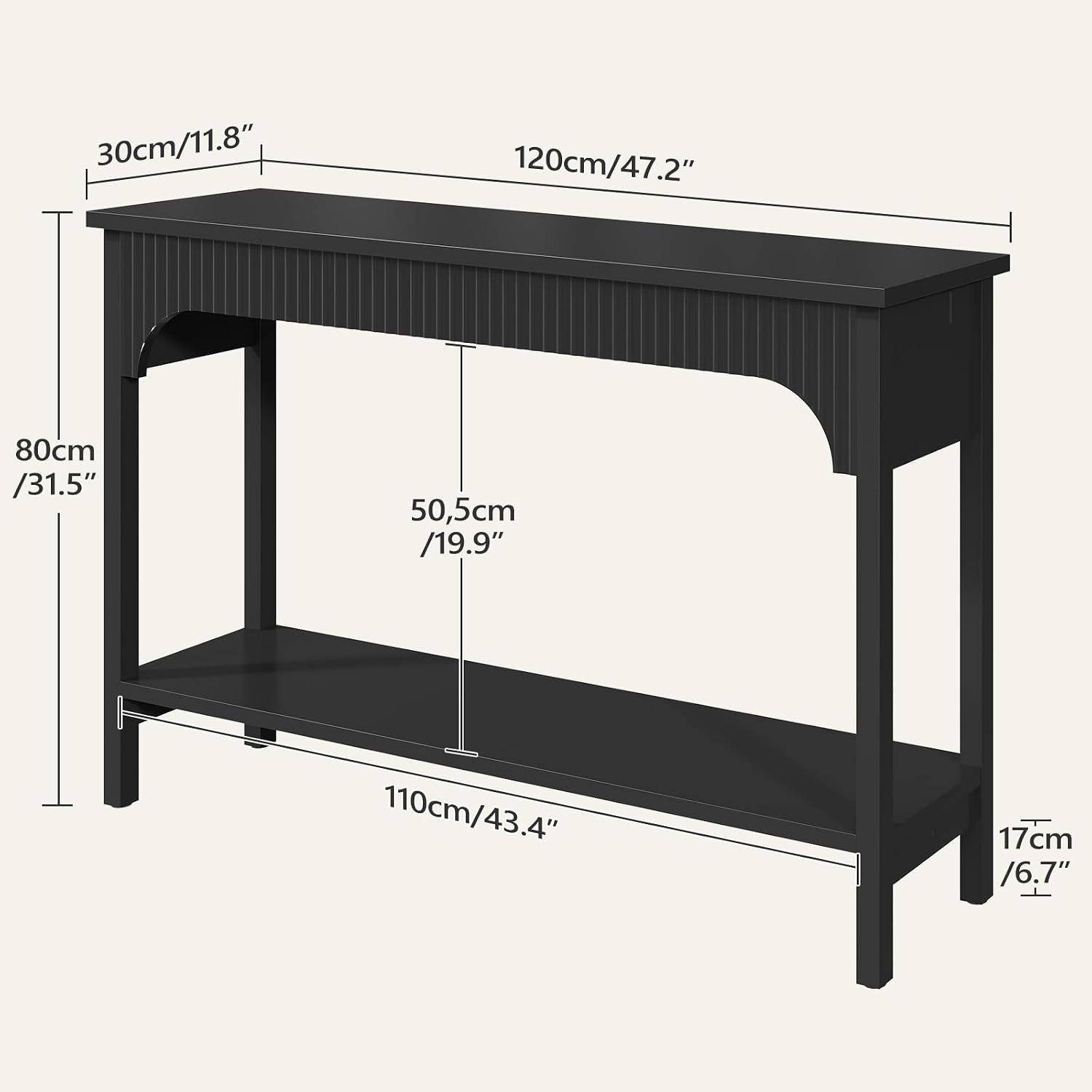 MAHANCRIS Fluted Console Table for Entryway, 43.2" Narrow Console Table with Storage, 2 Tier Industrial Sofa Table for Entryway, for Living Room, Behind Couch, Narrow Hallway, Entry, Black CTBK38001