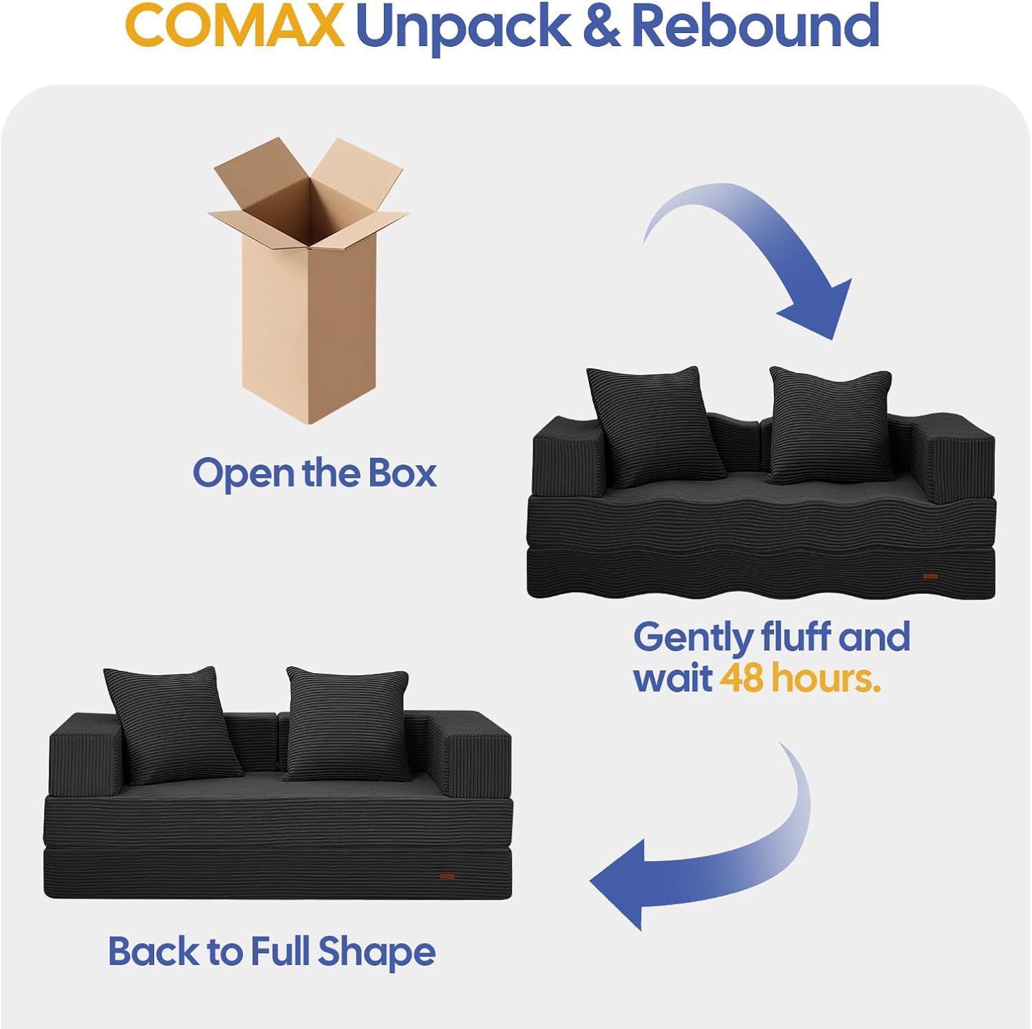 COMAX Futon Sofa Bed, 4‑in‑1 Convertible Sofa Bed, Folding Boneless Couches for Living Room, Fold Out Small Foldable Loveseat Floor Sleeper Comfy Mattress Lounge Space‑Saving, Black