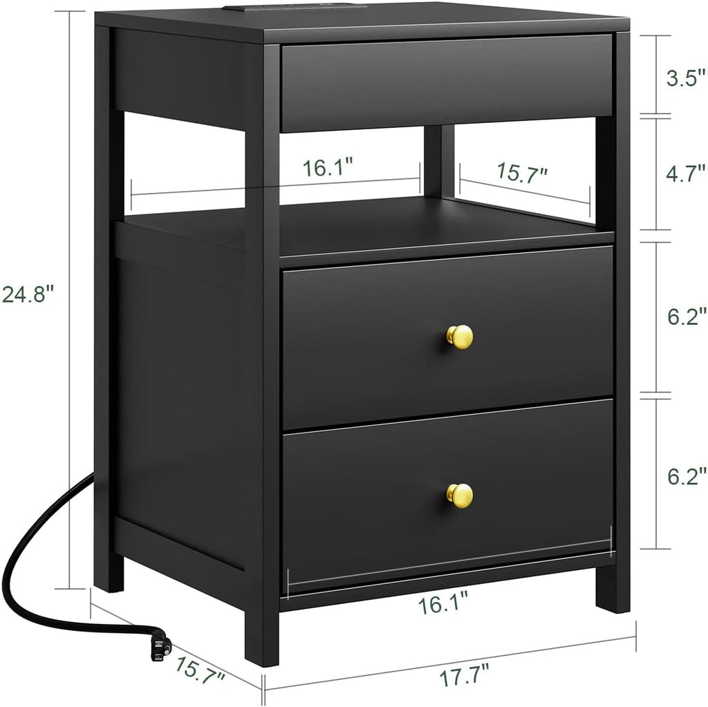 SoBuy Black Nightstand with Charging Station | Bedside Table with 2 Drawers, USB & Type-C Ports, Storage Side Table for Bedroom, Dorm Room, Black, FBT173-SCH