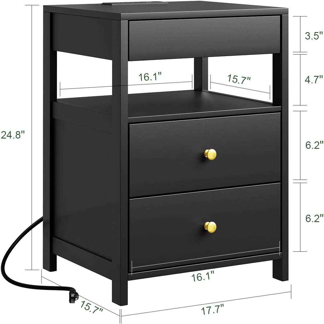 SoBuy Black Nightstand with Charging Station | Bedside Table with 2 Drawers, USB & Type-C Ports, Storage Side Table for Bedroom, Dorm Room, Black, FBT173-SCH