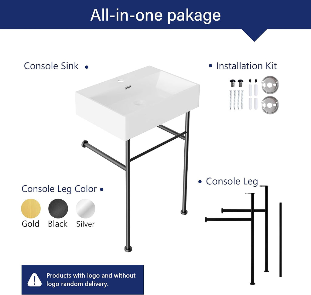 DeerValley 24"x17" Console Bathroom Sink, Free Standing 30 Inch Stainless Steel Support Pedestal Legs, Wall-Mounted White Ceramic Basin, Modern Rectangular Sink Porcelain, Matte Black