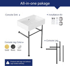DeerValley 24"x17" Console Bathroom Sink, Free Standing 30 Inch Stainless Steel Support Pedestal Legs, Wall-Mounted White Ceramic Basin, Modern Rectangular Sink Porcelain, Matte Black