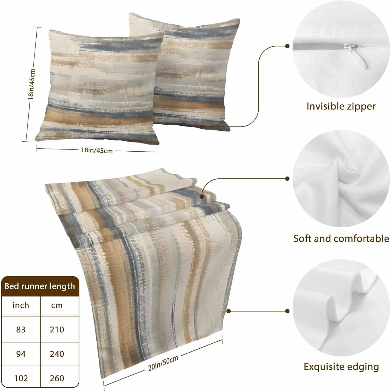 California King Size Abstract Coastal Landscape Bed Runner Set 102 x 20 inch Modern Retro Mottled Beige Blue Bed Runners with 2 Matching Pillow Covers, Decorative Throw Pillowcases Bedding Scarf