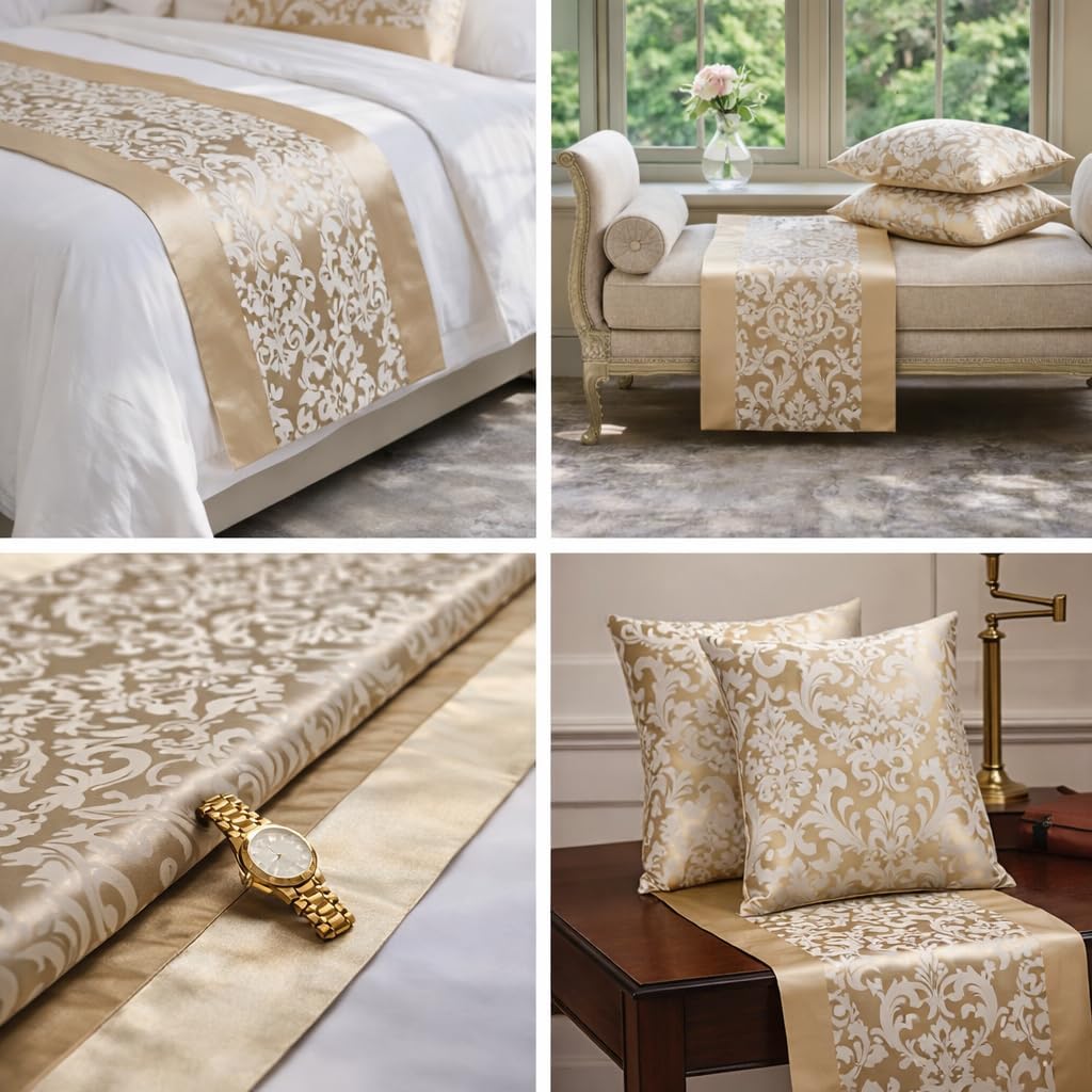 Jacquard Bed Runner Set with 2 Pillow Covers, Decorative Bed Scarf for Twin, Queen and King Beds, Matching Cushion Covers for Bedroom, Guest Room and Bedding Decor