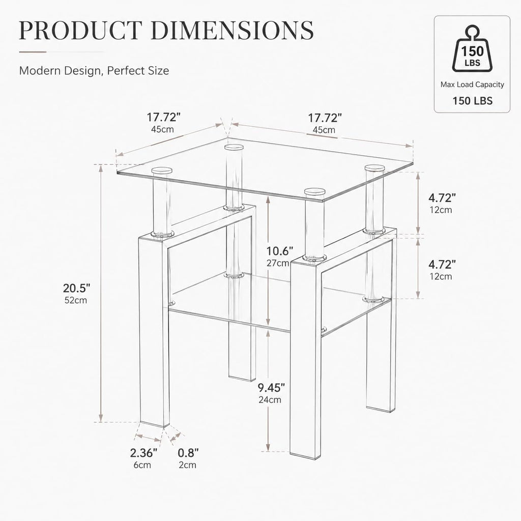 Meihua Glass End Table, Square Glass Side Table, 2-Tier Modern Nightstand with Metal Legs for Living Room&Bedroom (Transparent, 1pc)
