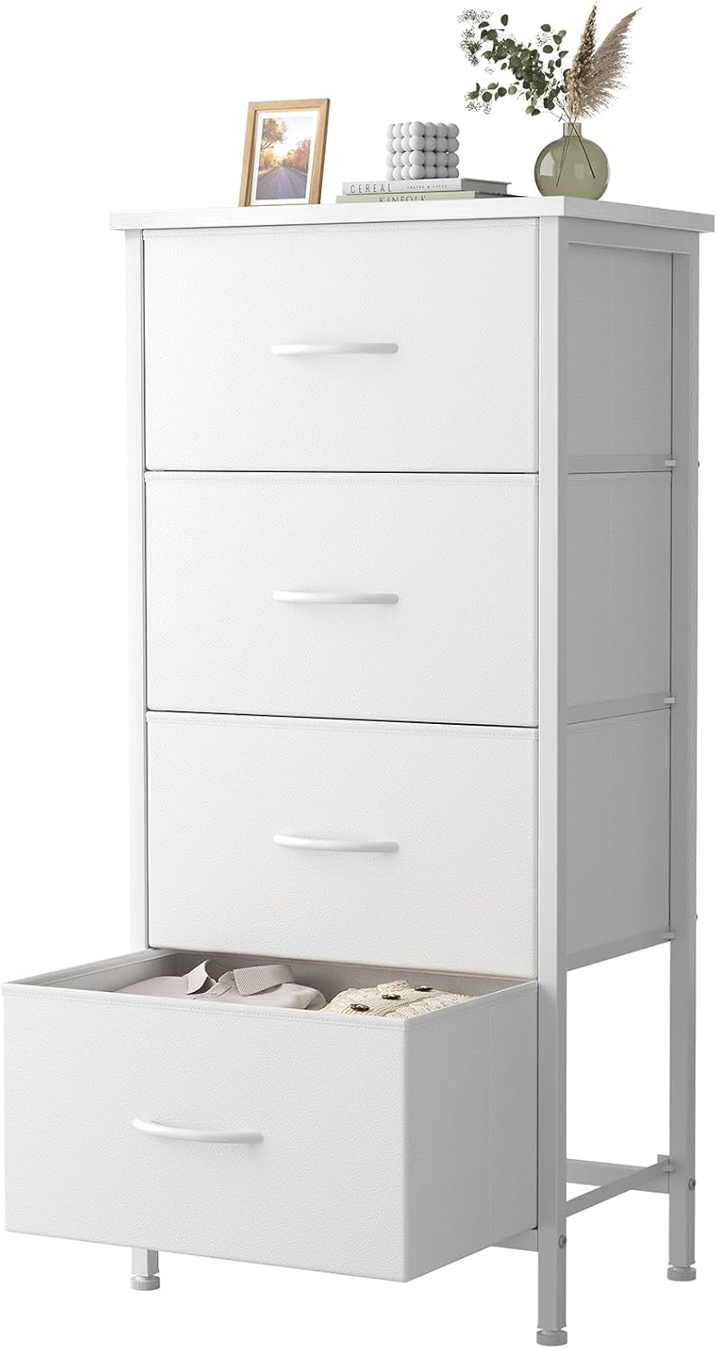 Sweetcrispy Dresser for Bedroom, 4 Drawer Storage Cabinet, Tall Nightstand | Small Fabric White Dresser for Closet, Chest of Drawers, Closet Organizer, Home Furniture, Sturdy Frame
