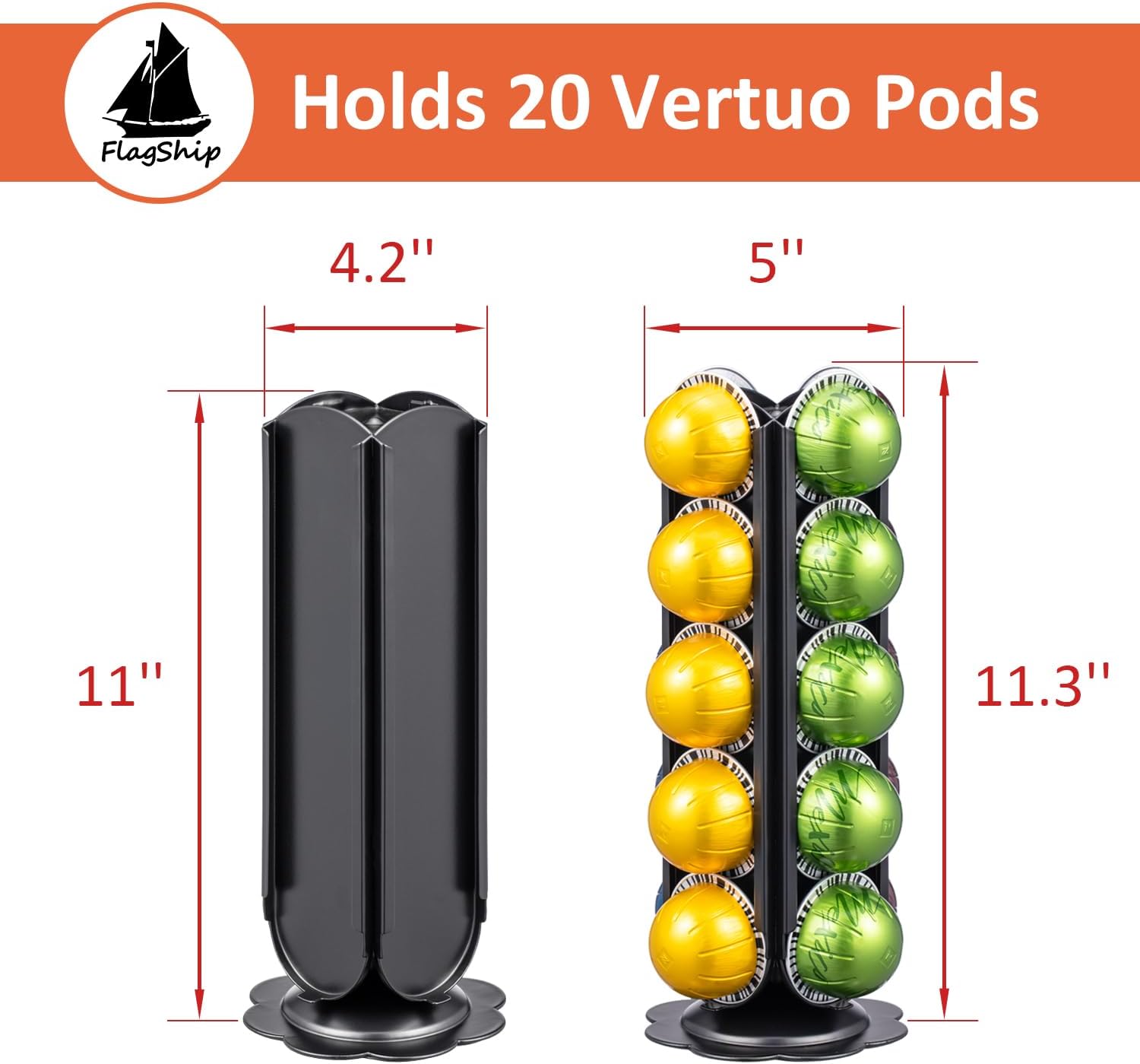 FlagShip Coffee Pod Holder for Nespresso Vertuo Pods Organizer,360 Degrees Revolving Pod Carousel No Assembly Required,Vertuo Pod Stand Black Metal(20 Pods Capacity)