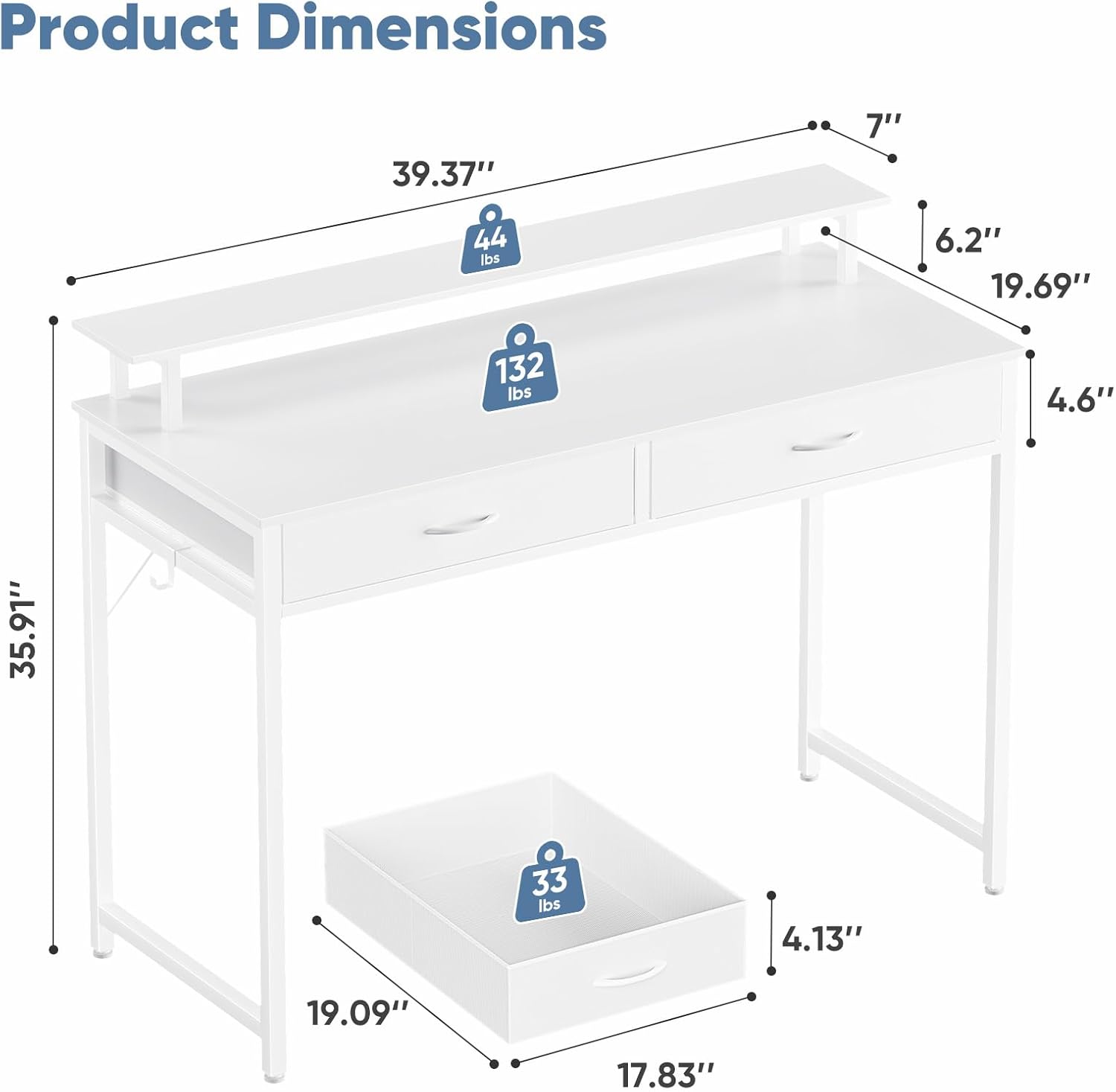 DUMOS 39.4" x 19.7" Compact Computer Desk with Monitor Stand and 2 Drawers, Small Writing Desk with Drawers for Home Office, Study Table for Small Spaces, White