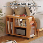 Movable Wood Side Tables with Casters, Rolling Table with Storage, Living Room End Tables with Magazine Rack, Multi-Functional Tables for Kitchen, Bedroom, Sofa Side(Natural)