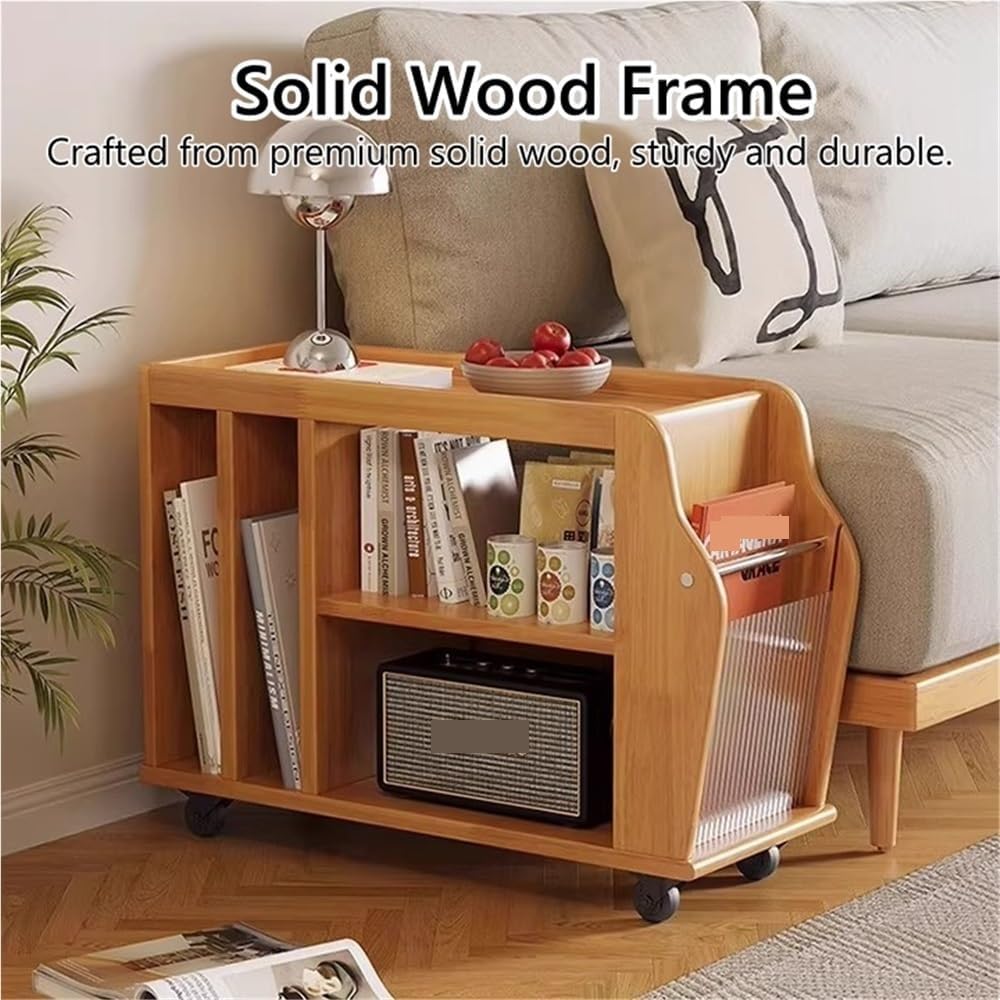 Movable Wood Side Tables with Casters, Rolling Table with Storage, Living Room End Tables with Magazine Rack, Multi-Functional Tables for Kitchen, Bedroom, Sofa Side(Natural)