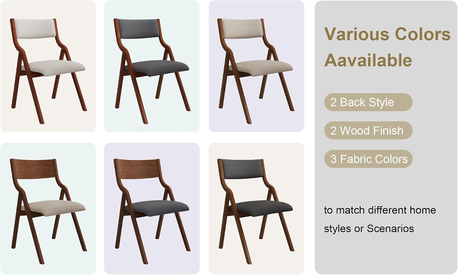Ball & Cast Foldable Chair with Padded Seat,Wooden Portable Folding Dining Chair W/Ergonomically Designed Back and Cushion,Easy Carry,No Assembly Required,for Kitchen,Set of 2,Grey+Cherry