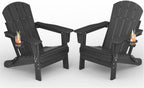 Garvee Folding Adirondack Chair Set of 2, HDPE Outdoor Patio Chair with Cup Holder, All Weather Resistent Wooden Textured for patios, Decks, Gardens, fire Pit, Black