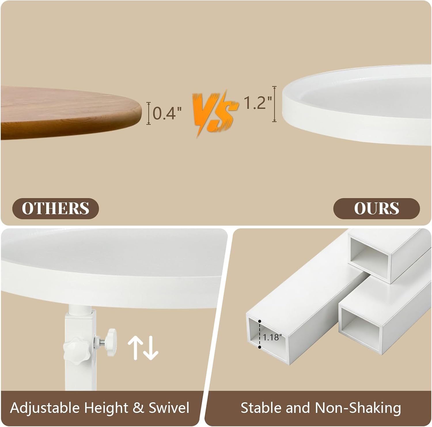 YYW C Shaped End Table Adjustable Height, 360°Swivel TV Tray Table for Small Spaces White