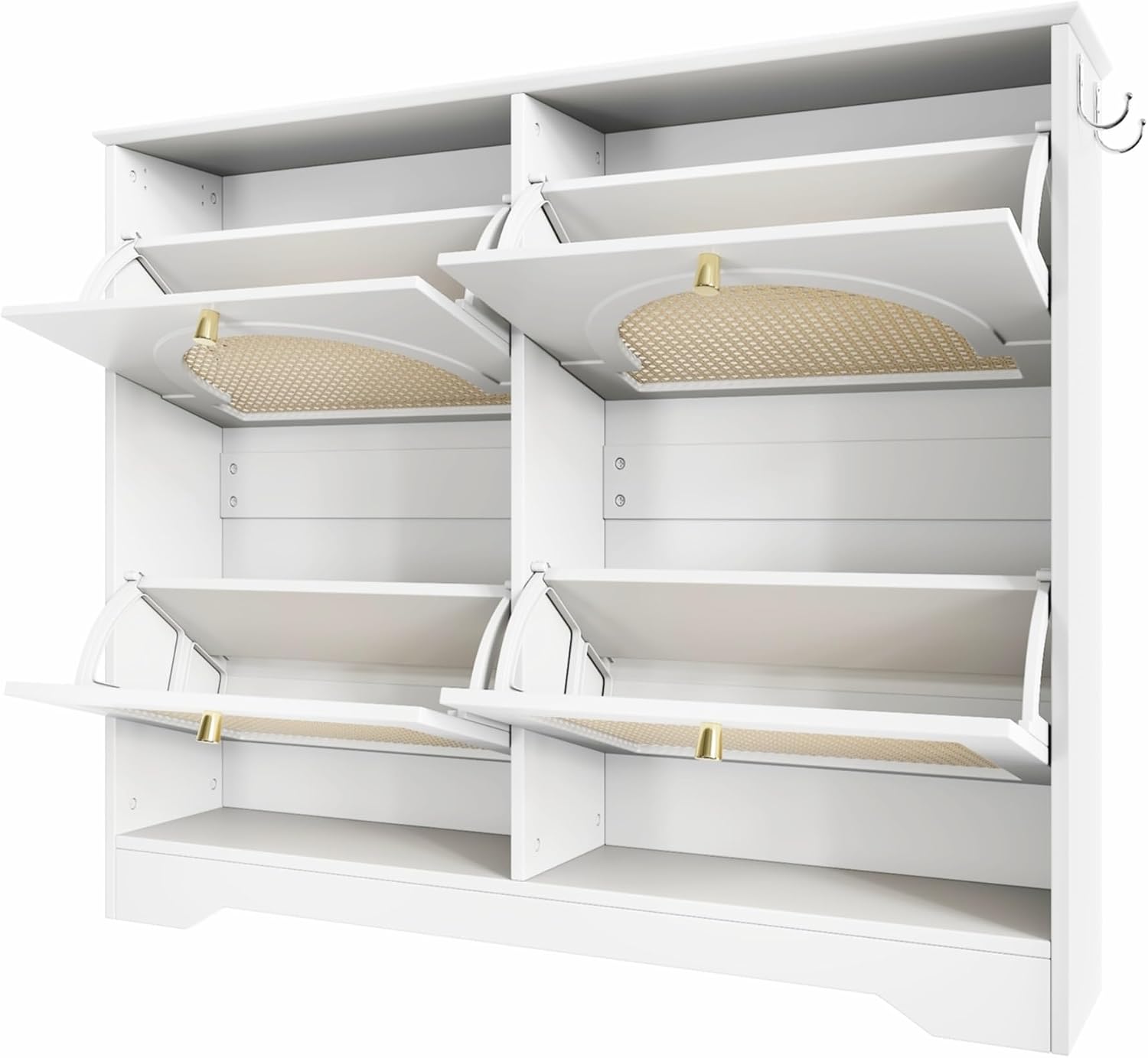Freestanding Shoe Rack, Tipping Bucket Shoe Cabinet with 4 Flip Drawers, Elegant Entryway Shoe Organizer with 4 Rattan Doors,for Kitchen Home