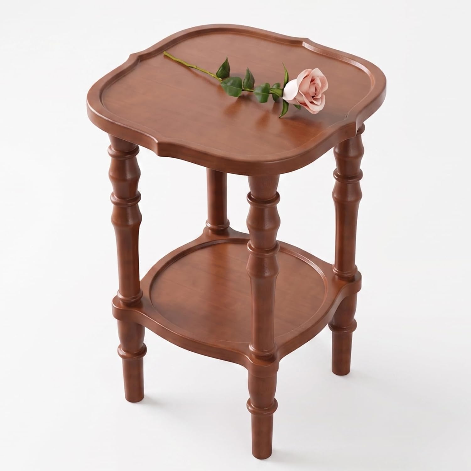 100% Solid Wood Side Table, Vintage 2-Tier Small Round End Table, Nightstand with Handcrafted Spindle Legs, Wooden Accent Table for Small Spaces, Living Room, Bedroom, 5-Min Assembly, Walnut
