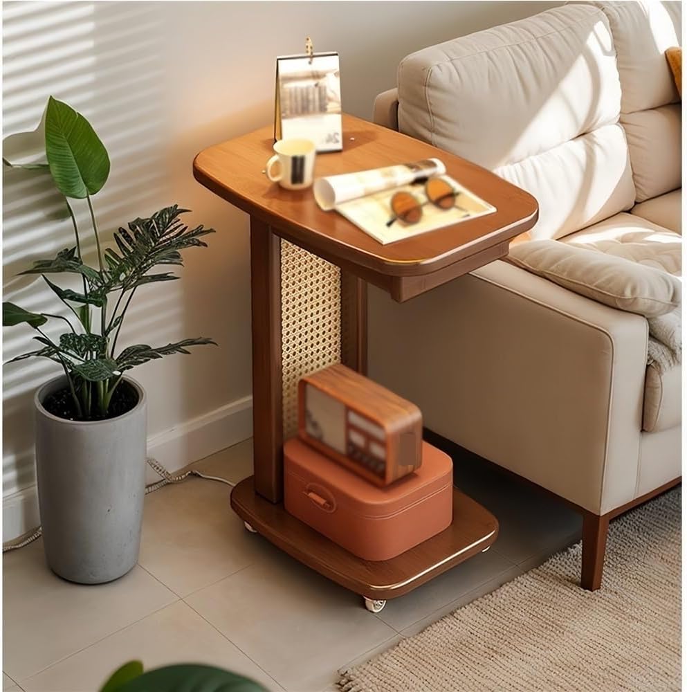Narrow C-Shaped Side Table, Movable End Tables with Wheels, Wooden C Table with Storage for Living Room, Bedroom and Office(Brown,19.29in)