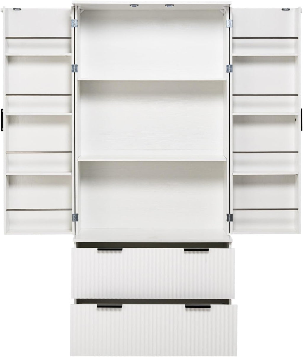 72" Modern Fluted Kitchen Pantry Cabinet with 2 Large Drawers & 8-Door Spice Rack, Freestanding Storage Organizer for Bathroom, Dining Room, Office, Entryway, White
