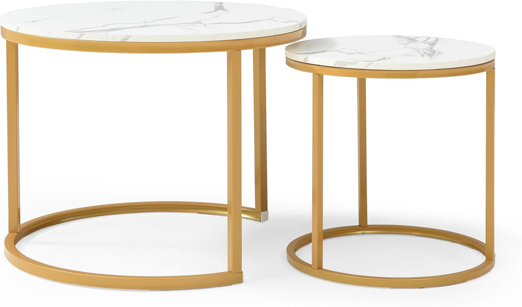 Small Round Nesting Coffee Table Set of 2 for Living Room, Wood Grain Faux Marble Modern Stacking Circle Coffee Table Side Table End Table with Metal Frame for Bedroom （Gold