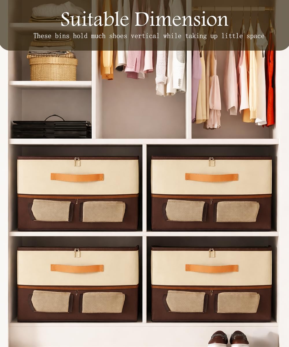 16 Grid Shoe Storage Box Organizer, Foldable Under Bed Shoe Organizer with Clear Lid & Side Mesh Pockets, Large Closet Storage Bins for Sneakers, Heels, Boots, Holds Up to 32 Pairs, 2 Pack