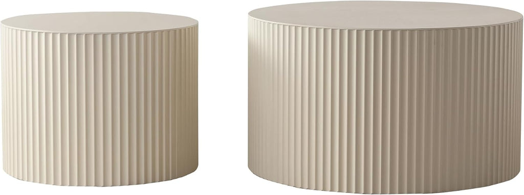 KEVINSPACE Nesting Coffee Table Set of 2 Circle CoffeeTable Modern NestingTables for Living Room Round Fluted Wooden CoffeeTabl No Need Assembly for Bedroom Balcony Lounge 47.25" Beige