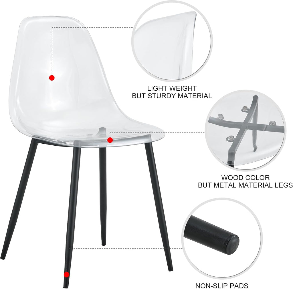 Baysitone 51 inch Glass Dining Table Set for 4, Dining Table & Chair Sets with Black Metal Legs for Kitchen, Modern Rectangle Tempered Glass Table Top&Transparent Plastic Dining Chair for Dining Room