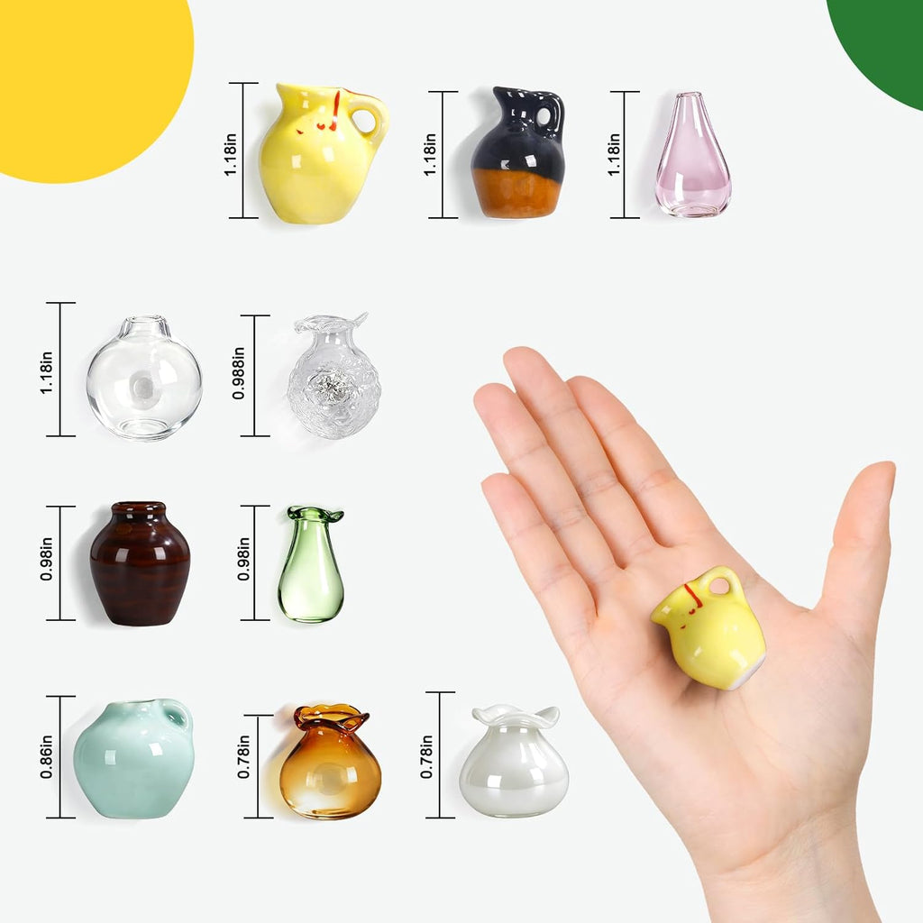 Hand-Blown Mini Vase Magnets for Fridge, Set of 10 Artisan Glass & Ceramic Bud Vases, Each One Unique, Tiny Garden Decor Gift for Mom, Teachers & Coworkers