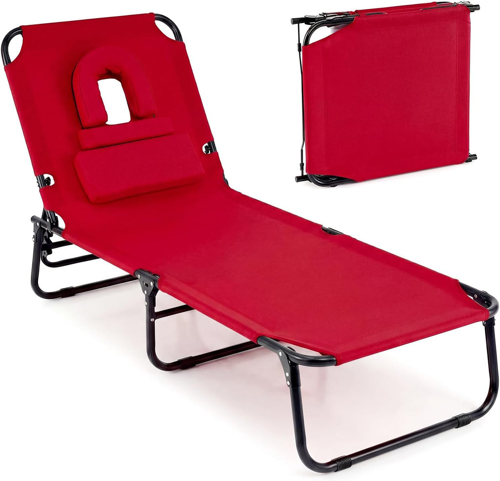DREAMADE Tanning Chair, Adjustable Beach Lounge Chair w/Face Hole, Pillows, 4-Position Backrest & Footrest, Supports 330 lbs, Outdoor Lounge Chairs for Patio Lawn Camping, Red