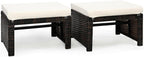 DORTALA Outdoor Ottoman Wicker 2 Piece, Patio Ottomans PE Rattan Foot Rest Footstool with Cushions for Garden, Poolside, White