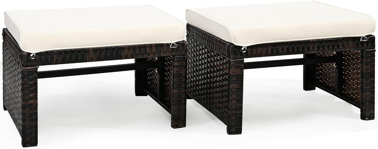DORTALA Outdoor Ottoman Wicker 2 Piece, Patio Ottomans PE Rattan Foot Rest Footstool with Cushions for Garden, Poolside, White