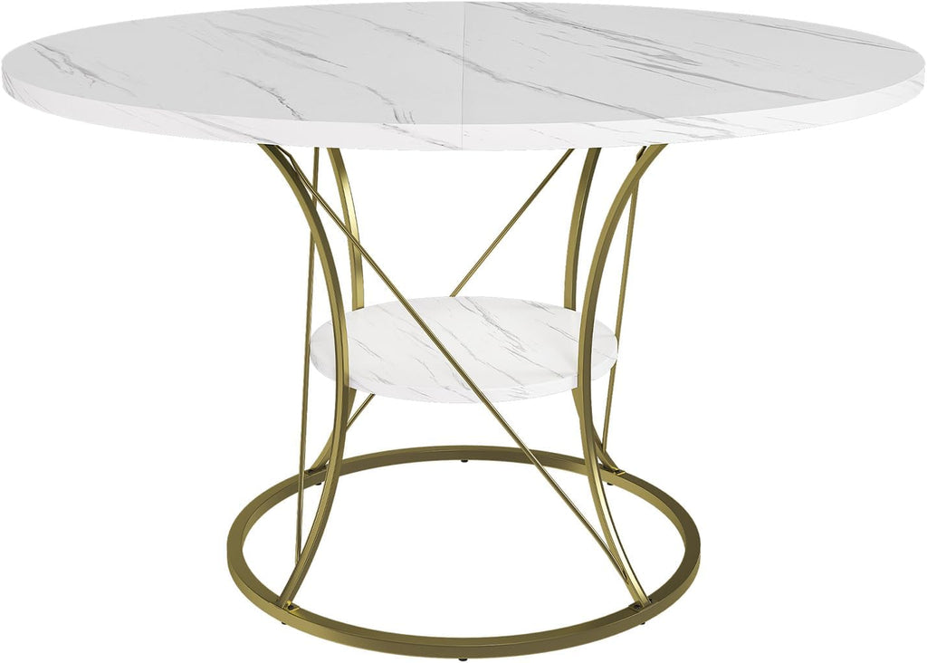 43"-59" Extendable Round Dining Table for 4-6, Modern Kitchen Table with Storage Shelf, Marble Veneer Top & Gold Metal Base Dining Room Table for Apartment