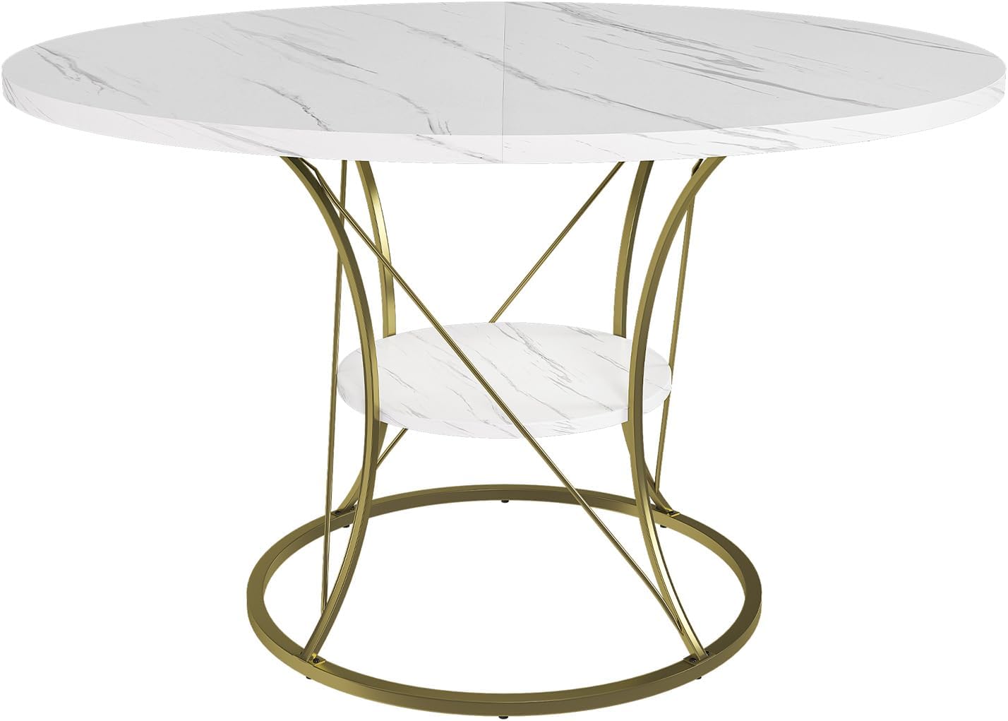 43"-59" Extendable Round Dining Table for 4-6, Modern Kitchen Table with Storage Shelf, Marble Veneer Top & Gold Metal Base Dining Room Table for Apartment
