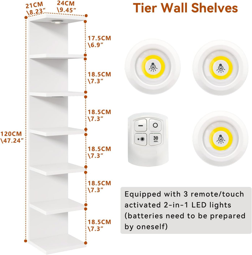 IBUYKE 7 Tier Wall Shelf Unit Floating Shelves with LED Lights,Lack Shelf for Wall Storage,Wall Mounted Vertical Display Shelf for Bedroom,Office,Bathroom White WBC017W