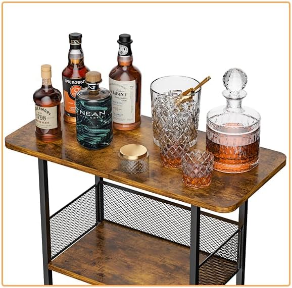 Eyteenokk Freestanding Wine Rack,3-Tier Small Mini Bar Table Liquor Cabinet with T-Shaped Countertop,Rustic Wood Metal Floor Wine Bottle Storage Stand for Home Bar Corner-23.62 x 9.44 x 27.67inches