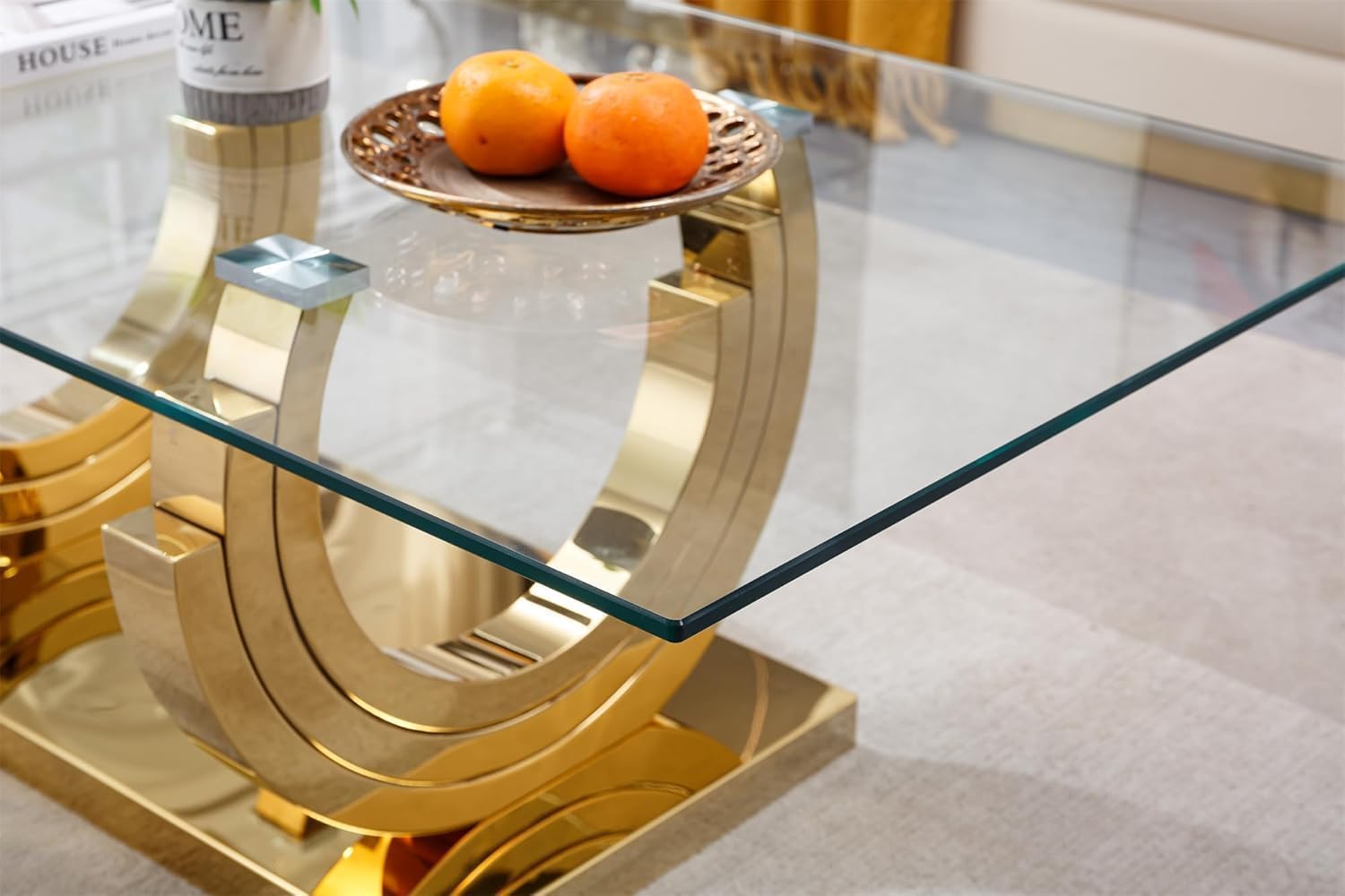 3 Piece Living Room Table Set, Rectangle Tempered Glass Coffee Table, End Tables, Console Table, Luxury Modern Clear Coffee Table Set of 3 with Gold Steel Base for Living Room, Apartment