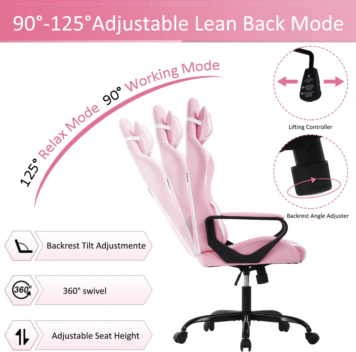 High Back Ergonomic Leather Office Chair - Adjustable Swivel Desk Chair with Lumbar Support and Headrest for Back Pain - Adults & Teens (Pink)